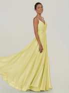 KissDress-Risa Buttercup A Line Chiffon V Neck Long Bridesmaid Dress with Pleats