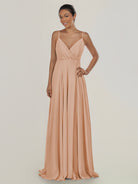 KissDress-Risa Champagne Rose A Line Chiffon V Neck Long Bridesmaid Dress with Pleats