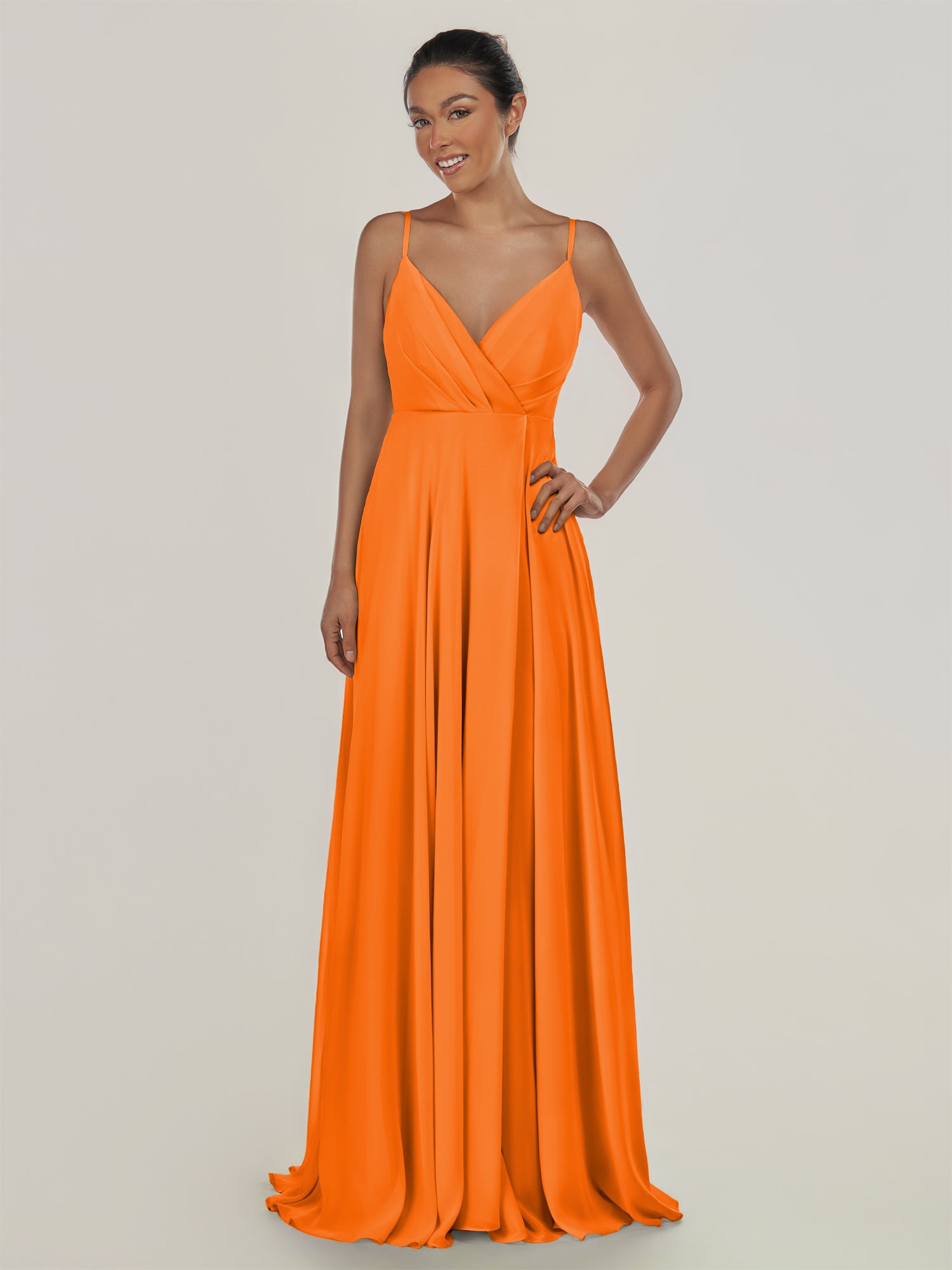 KissDress-Risa Cinnamon A Line Chiffon V Neck Long Bridesmaid Dress with Pleats