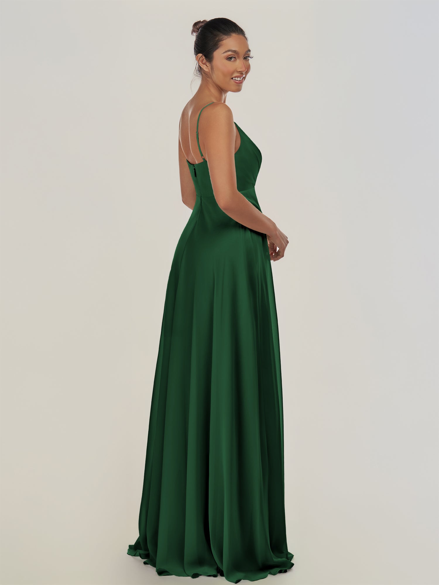 KissDress-Risa Dark Green A Line Chiffon V Neck Long Bridesmaid Dress with Pleats