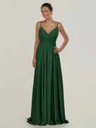 KissDress-Risa Dark Green A Line Chiffon V Neck Long Bridesmaid Dress with Pleats