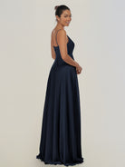 KissDress-Risa Dark Navy A Line Chiffon V Neck Long Bridesmaid Dress with Pleats