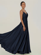 KissDress-Risa Dark Navy A Line Chiffon V Neck Long Bridesmaid Dress with Pleats