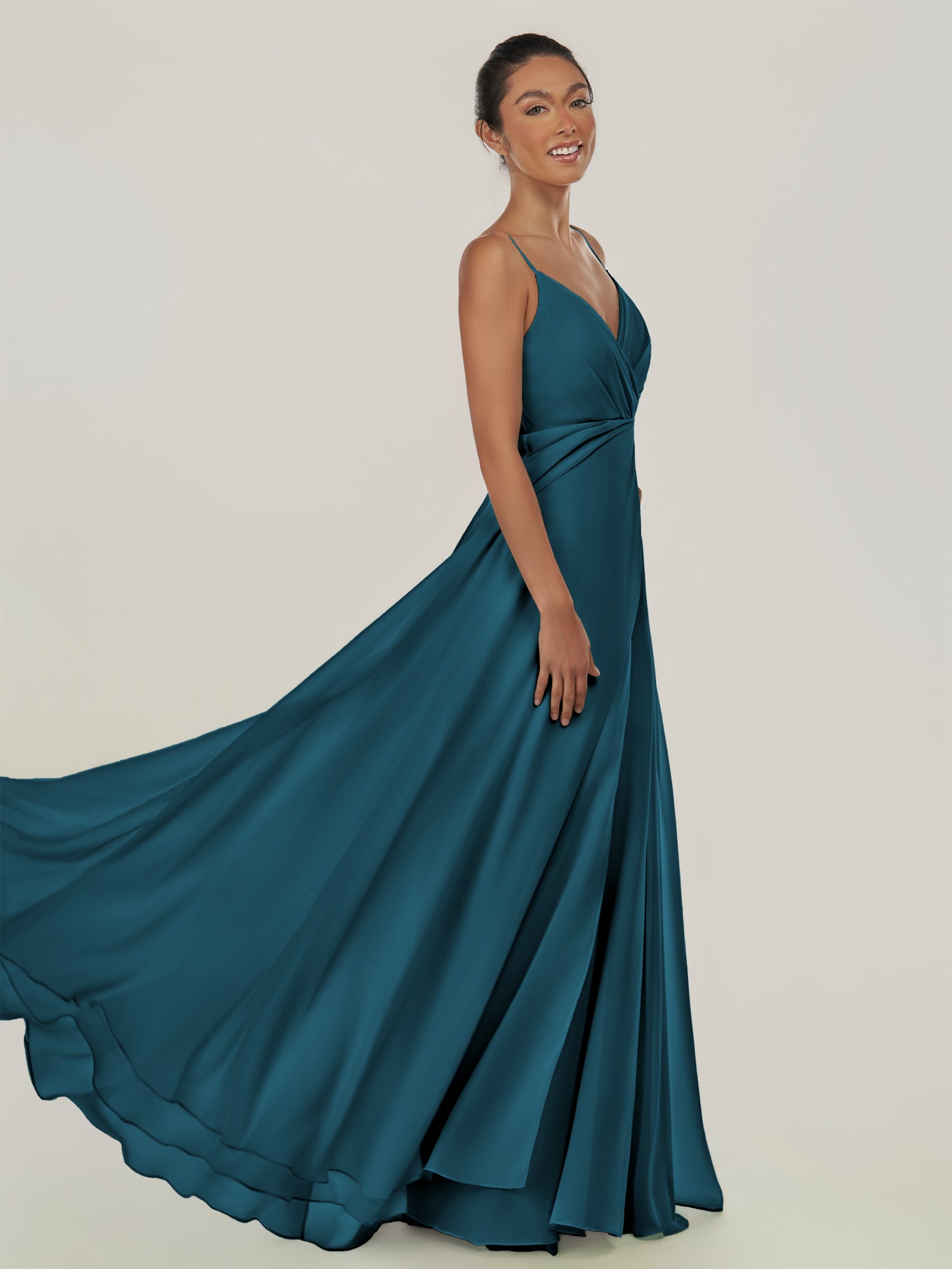 KissDress-Risa Dark Teal A Line Chiffon V Neck Long Bridesmaid Dress with Pleats