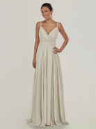 KissDress-Risa Dove Gray A Line Chiffon V Neck Long Bridesmaid Dress with Pleats