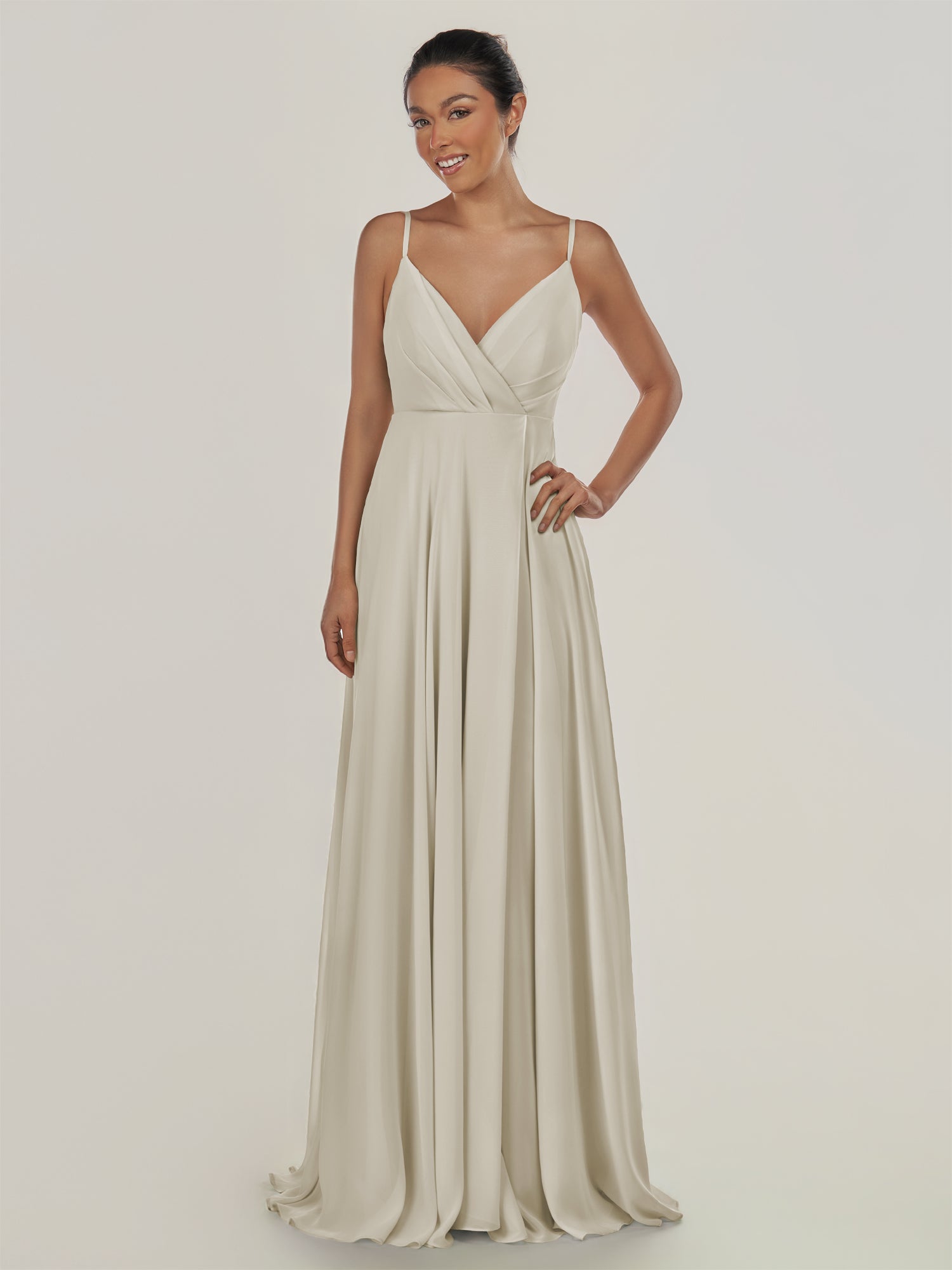 KissDress-Risa Dove Gray A Line Chiffon V Neck Long Bridesmaid Dress with Pleats