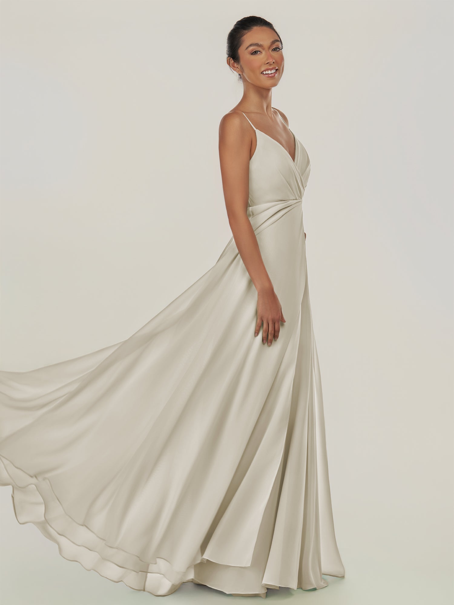 KissDress-Risa Dove Gray A Line Chiffon V Neck Long Bridesmaid Dress with Pleats