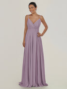 KissDress-Risa Dusk A Line Chiffon V Neck Long Bridesmaid Dress with Pleats