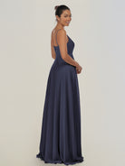 KissDress-Risa Dusk Blue A Line Chiffon V Neck Long Bridesmaid Dress with Pleats