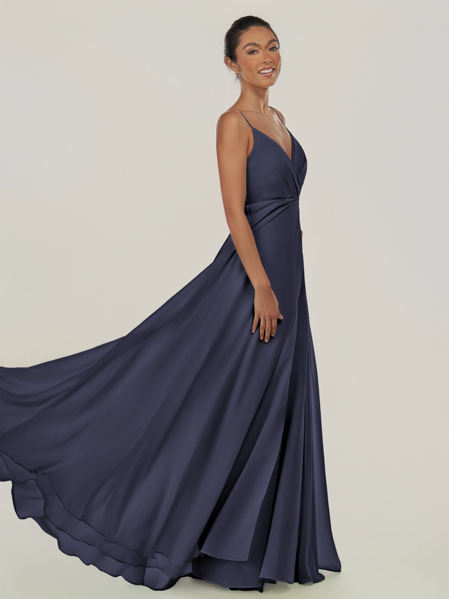 KissDress-Risa Dusk Blue A Line Chiffon V Neck Long Bridesmaid Dress with Pleats