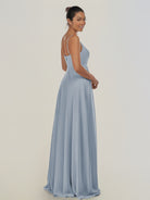 KissDress-Risa Dusty Blue A Line Chiffon V Neck Long Bridesmaid Dress with Pleats