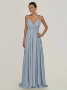 KissDress-Risa Dusty Blue A Line Chiffon V Neck Long Bridesmaid Dress with Pleats