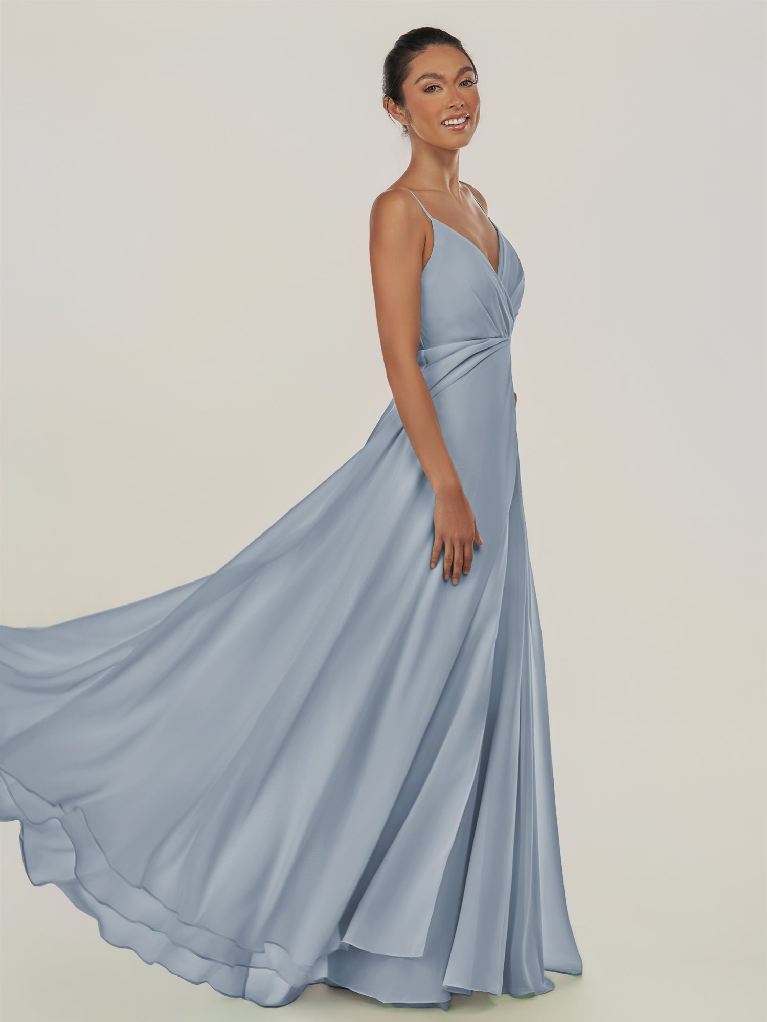 KissDress-Risa Dusty Blue A Line Chiffon V Neck Long Bridesmaid Dress with Pleats