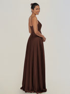 KissDress-Risa Espresso A Line Chiffon V Neck Long Bridesmaid Dress with Pleats