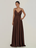 KissDress-Risa Espresso A Line Chiffon V Neck Long Bridesmaid Dress with Pleats