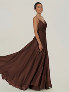 KissDress-Risa Espresso A Line Chiffon V Neck Long Bridesmaid Dress with Pleats