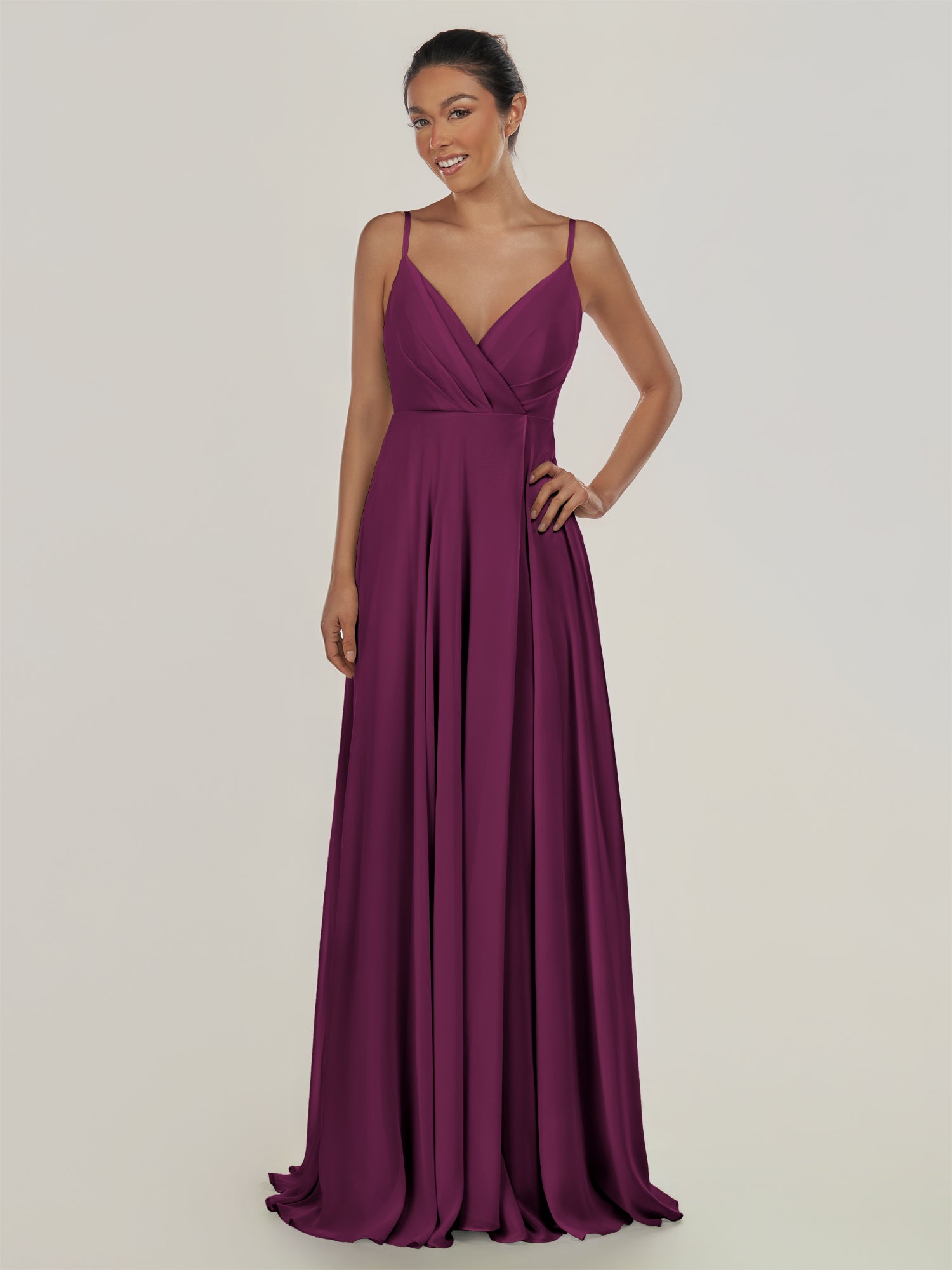 KissDress-Risa Fig A Line Chiffon V Neck Long Bridesmaid Dress with Pleats