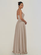 KissDress-Risa Frost A Line Chiffon V Neck Long Bridesmaid Dress with Pleats