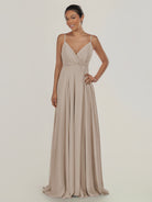 KissDress-Risa Frost A Line Chiffon V Neck Long Bridesmaid Dress with Pleats