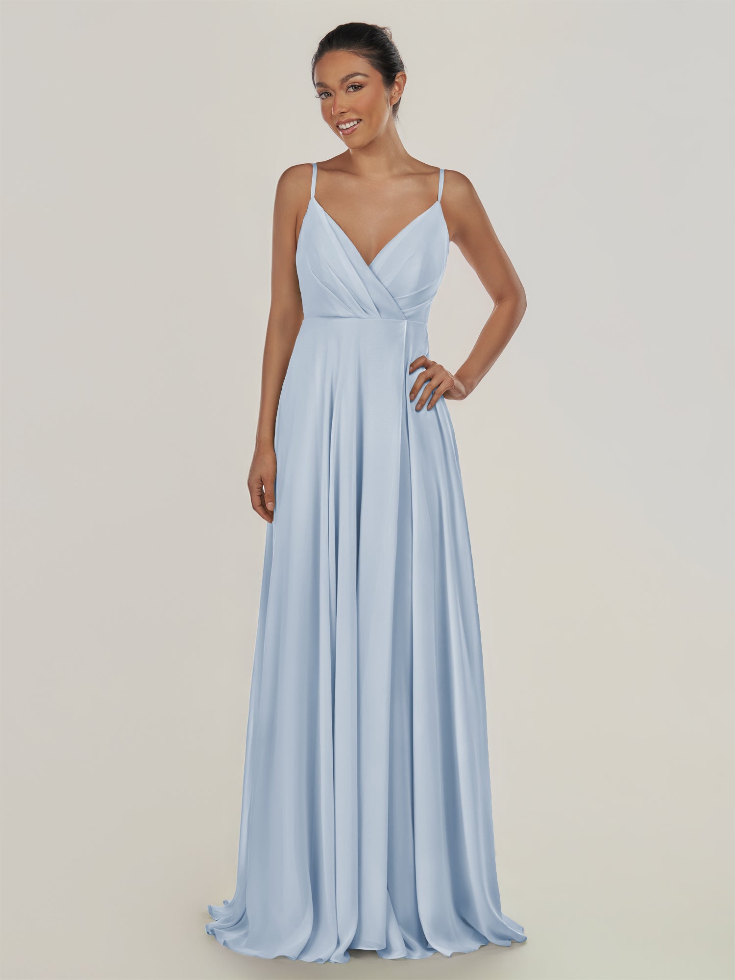 KissDress-Risa Ice A Line Chiffon V Neck Long Bridesmaid Dress with Pleats
