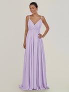 KissDress-Risa Lavender A Line Chiffon V Neck Long Bridesmaid Dress with Pleats