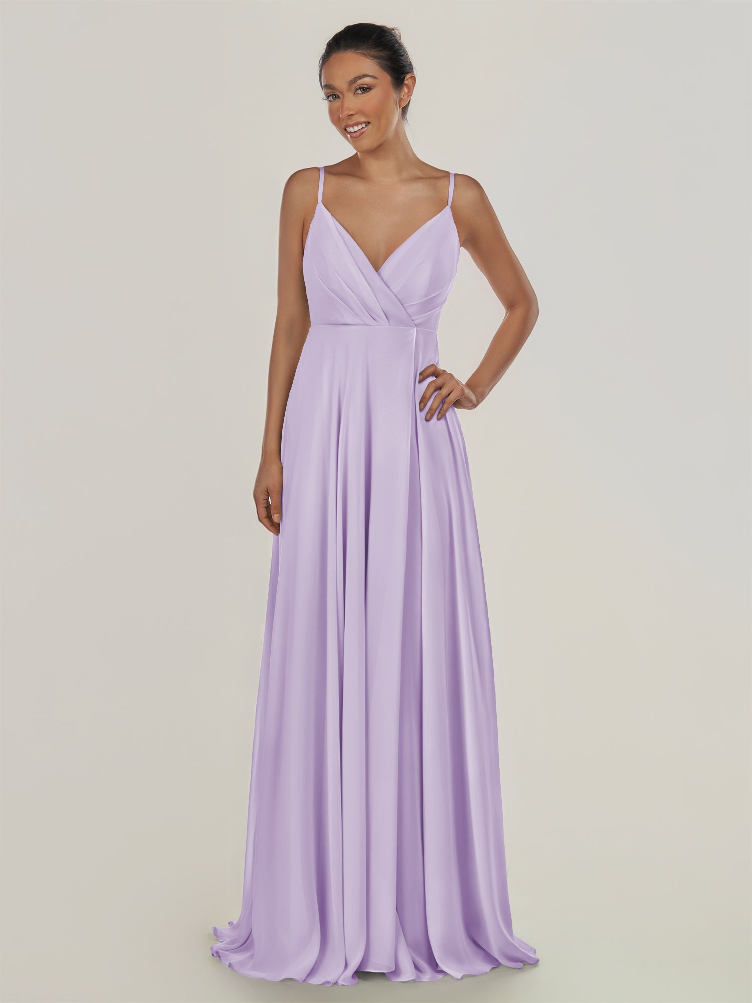 KissDress-Risa Lavender A Line Chiffon V Neck Long Bridesmaid Dress with Pleats