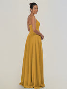 KissDress-Risa Marigold A Line Chiffon V Neck Long Bridesmaid Dress with Pleats
