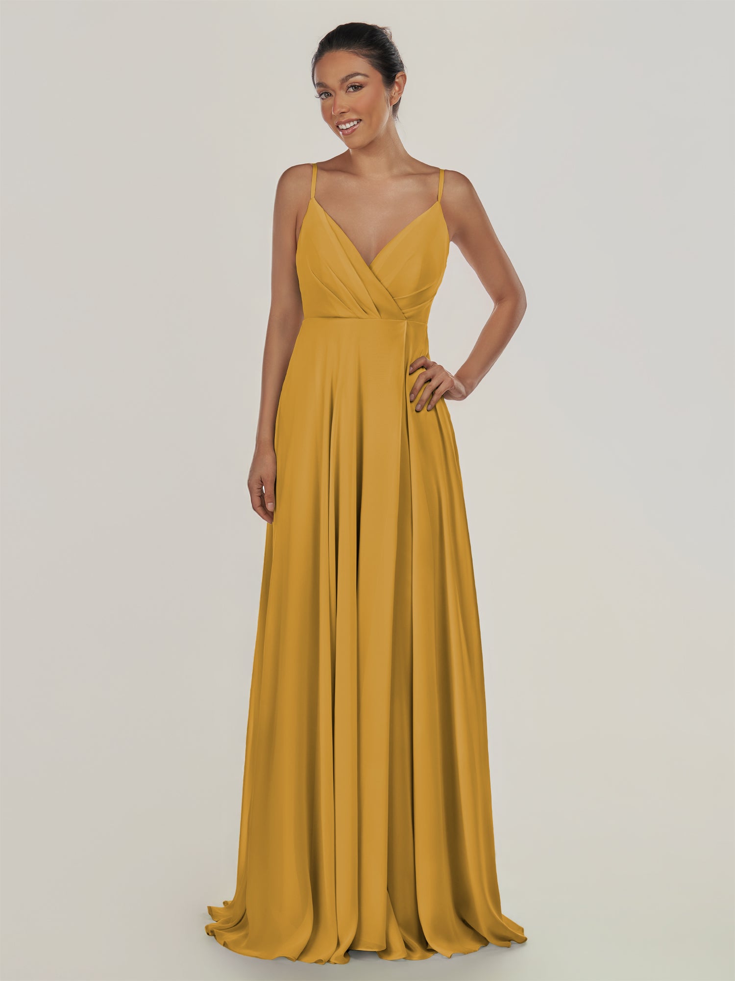 KissDress-Risa Marigold A Line Chiffon V Neck Long Bridesmaid Dress with Pleats