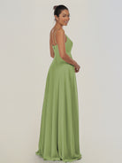KissDress-Risa Matcha A Line Chiffon V Neck Long Bridesmaid Dress with Pleats