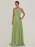 KissDress-Risa Matcha A Line Chiffon V Neck Long Bridesmaid Dress with Pleats