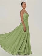 KissDress-Risa Matcha A Line Chiffon V Neck Long Bridesmaid Dress with Pleats