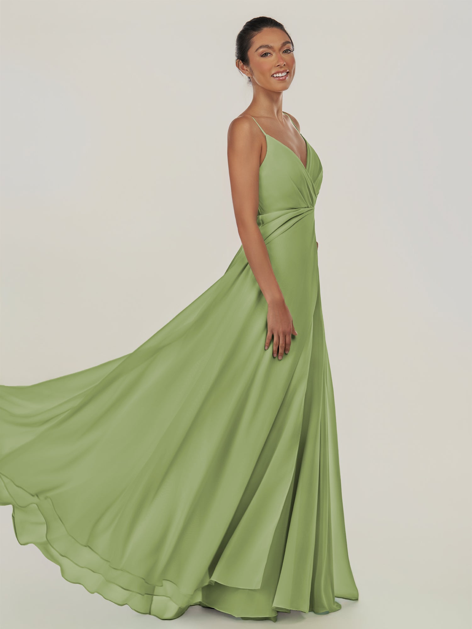 KissDress-Risa Matcha A Line Chiffon V Neck Long Bridesmaid Dress with Pleats