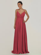 KissDress-Risa Merlot A Line Chiffon V Neck Long Bridesmaid Dress with Pleats
