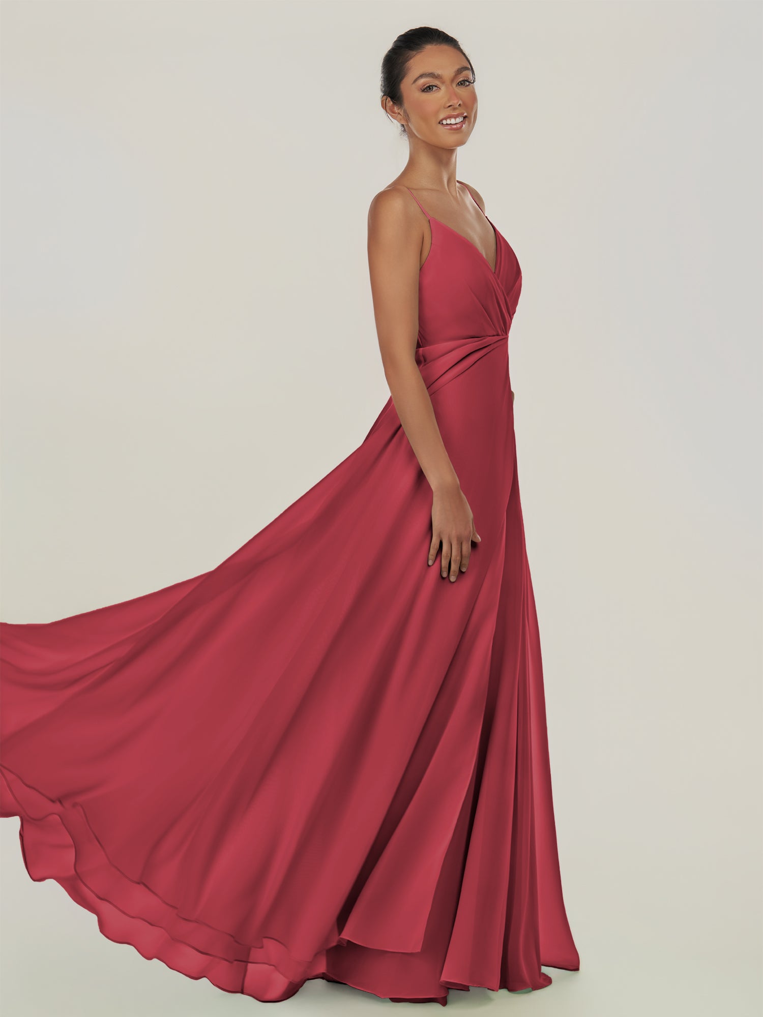 KissDress-Risa Merlot A Line Chiffon V Neck Long Bridesmaid Dress with Pleats