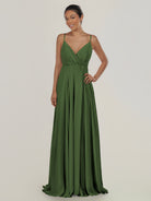 KissDress-Risa Moss A Line Chiffon V Neck Long Bridesmaid Dress with Pleats