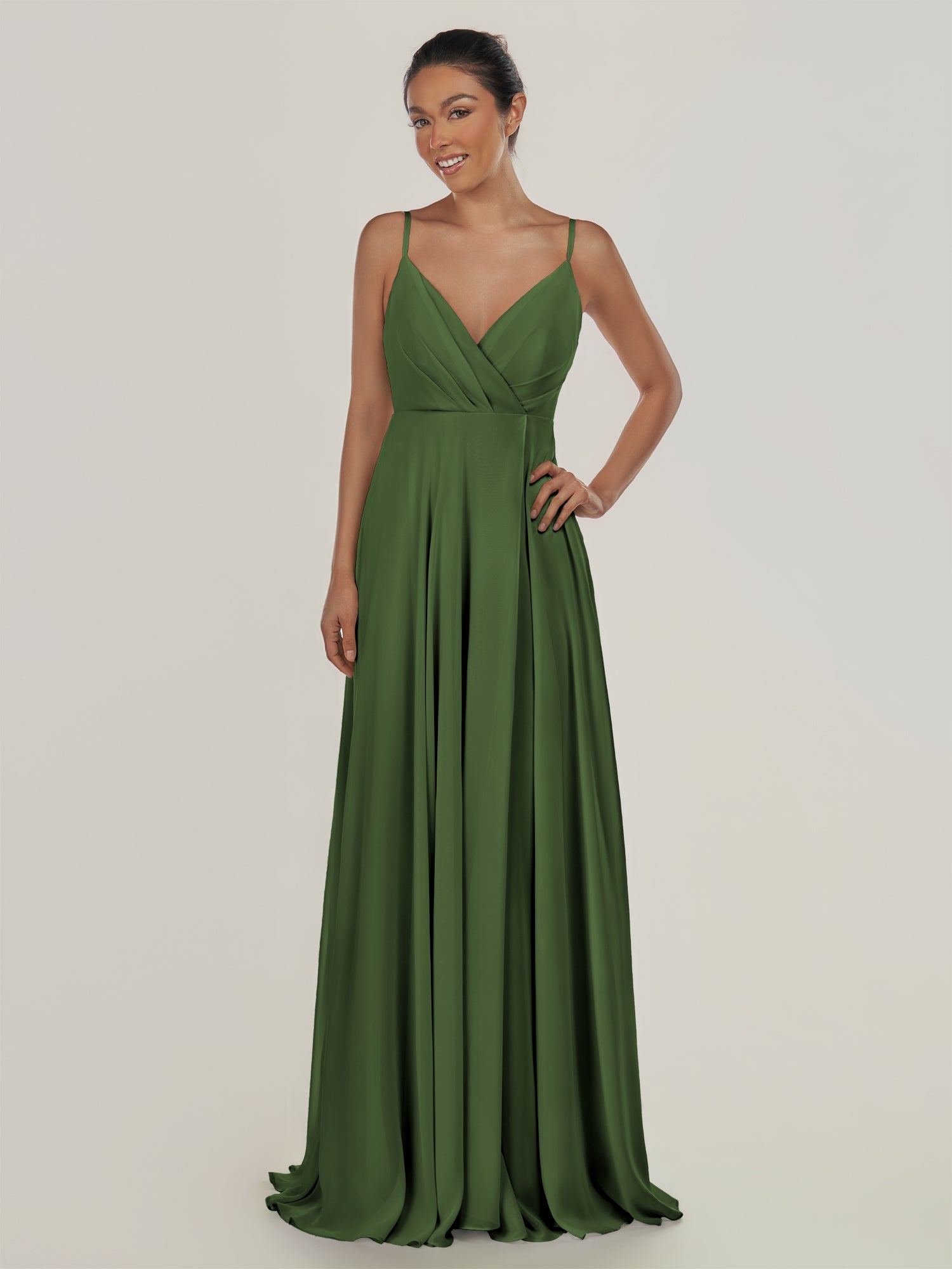 KissDress-Risa Moss A Line Chiffon V Neck Long Bridesmaid Dress with Pleats