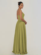 KissDress-Risa Moss Green A Line Chiffon V Neck Long Bridesmaid Dress with Pleats