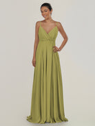 KissDress-Risa Moss Green A Line Chiffon V Neck Long Bridesmaid Dress with Pleats