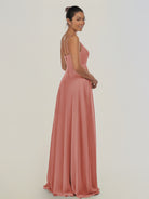 KissDress-Risa Mulberry A Line Chiffon V Neck Long Bridesmaid Dress with Pleats