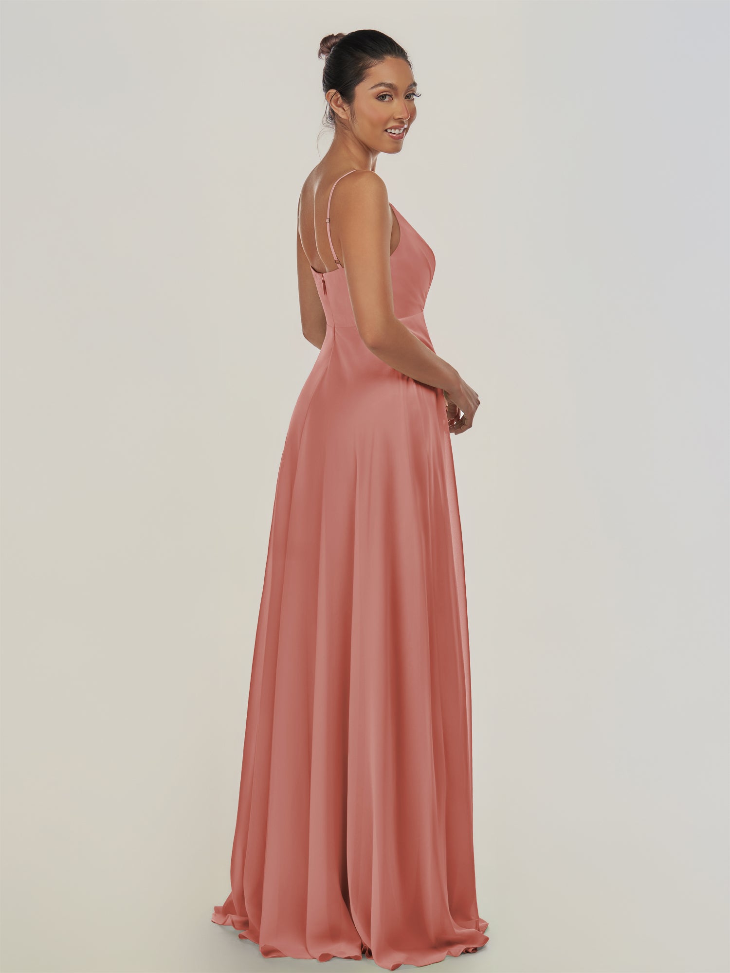 KissDress-Risa Mulberry A Line Chiffon V Neck Long Bridesmaid Dress with Pleats