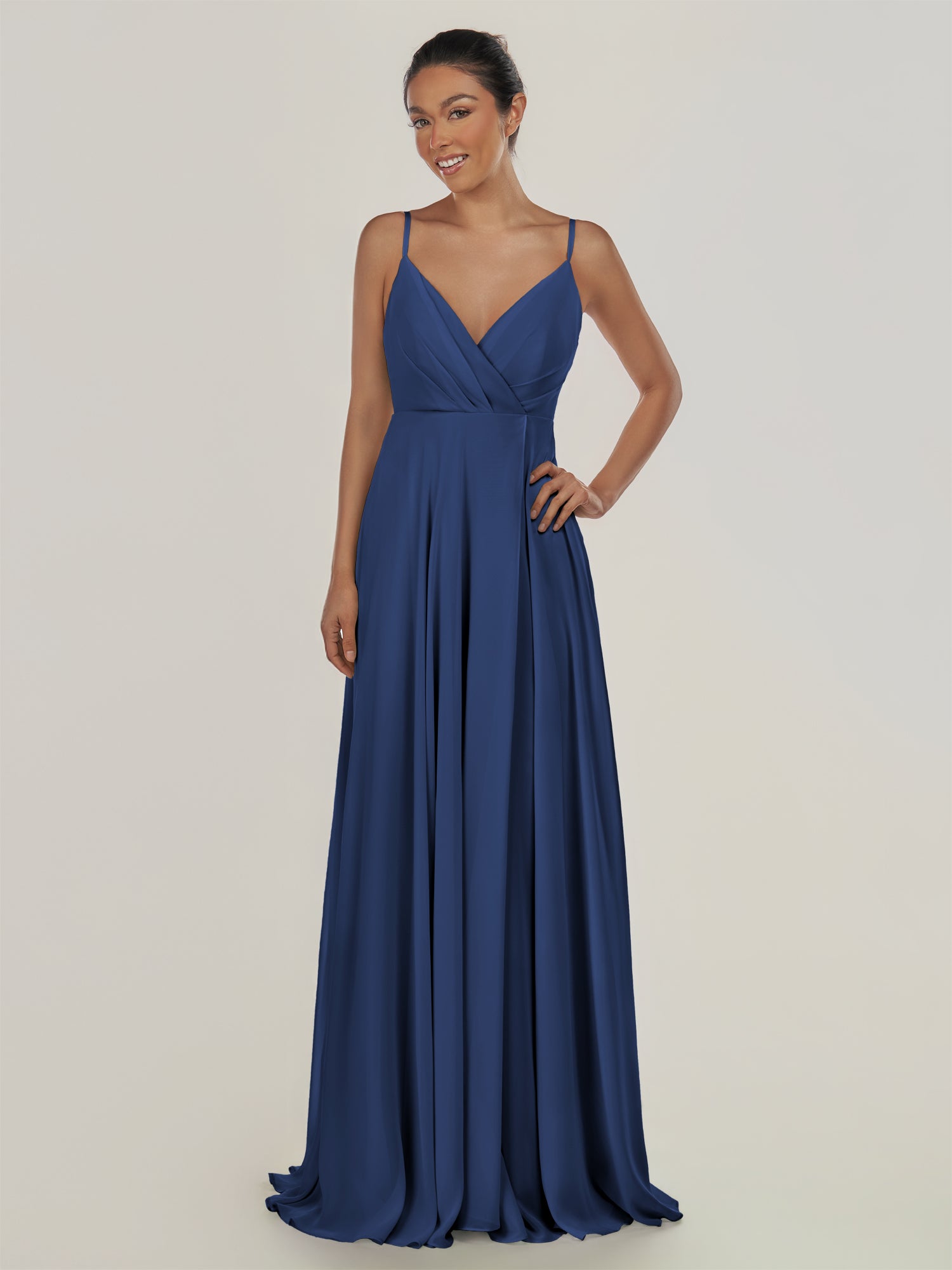 KissDress-Risa Navy A Line Chiffon V Neck Long Bridesmaid Dress with Pleats