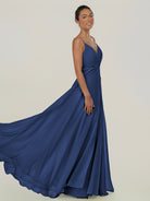 KissDress-Risa Navy A Line Chiffon V Neck Long Bridesmaid Dress with Pleats