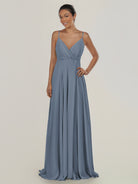 KissDress-Risa Neptune A Line Chiffon V Neck Long Bridesmaid Dress with Pleats