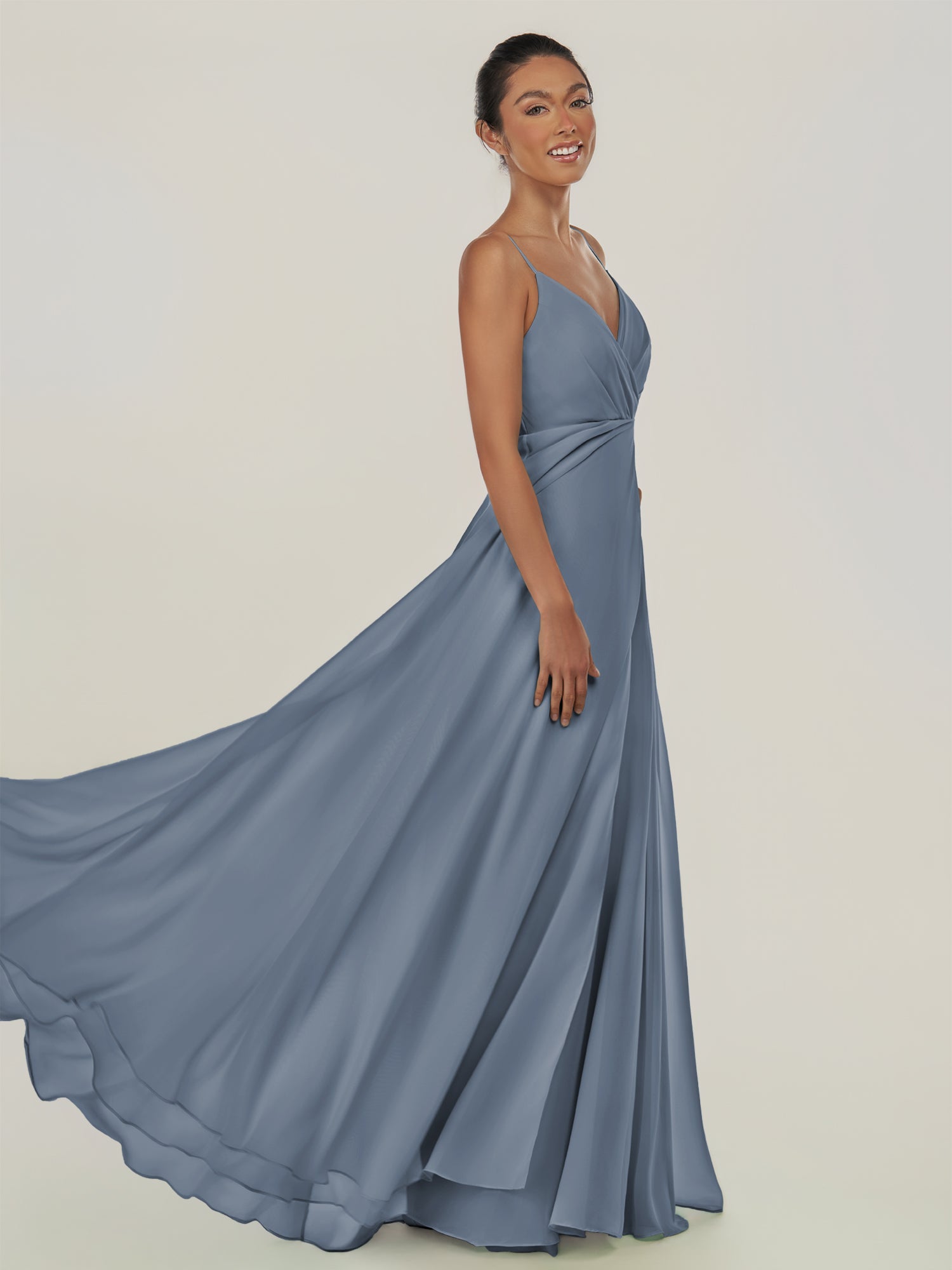 KissDress-Risa Neptune A Line Chiffon V Neck Long Bridesmaid Dress with Pleats