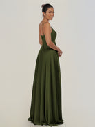 KissDress-Risa Olive A Line Chiffon V Neck Long Bridesmaid Dress with Pleats