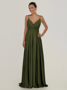KissDress-Risa Olive A Line Chiffon V Neck Long Bridesmaid Dress with Pleats