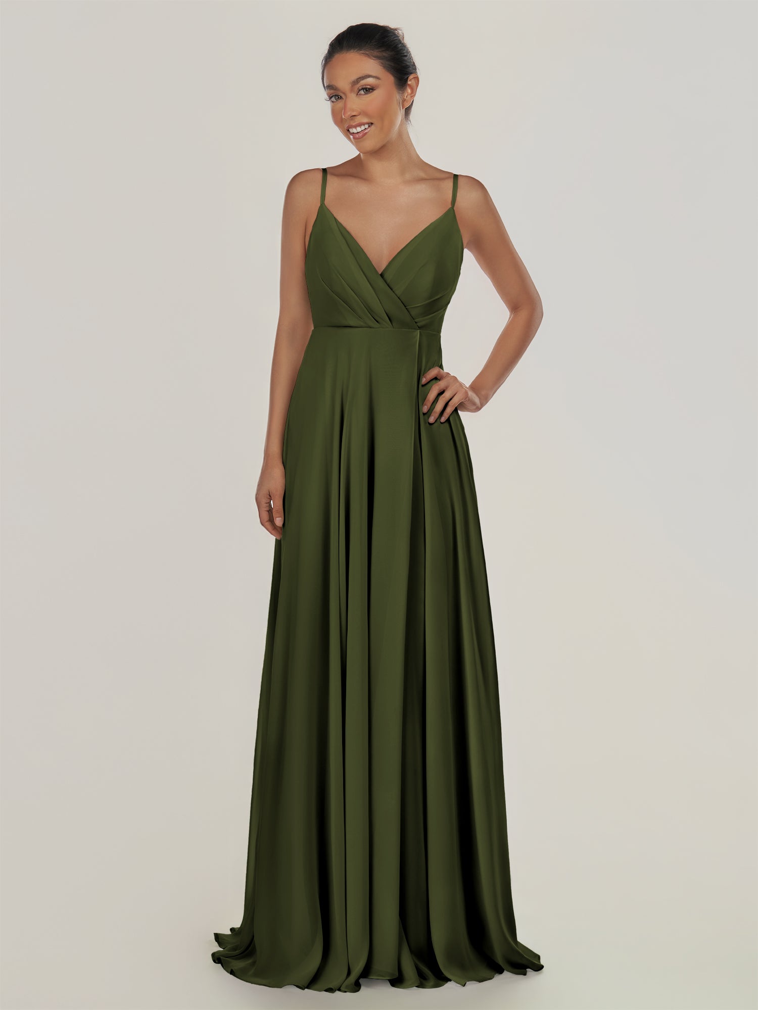 KissDress-Risa Olive A Line Chiffon V Neck Long Bridesmaid Dress with Pleats