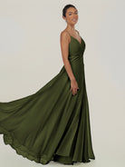 KissDress-Risa Olive A Line Chiffon V Neck Long Bridesmaid Dress with Pleats
