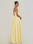 KissDress-Risa Pastel Yellow A Line Chiffon V Neck Long Bridesmaid Dress with Pleats