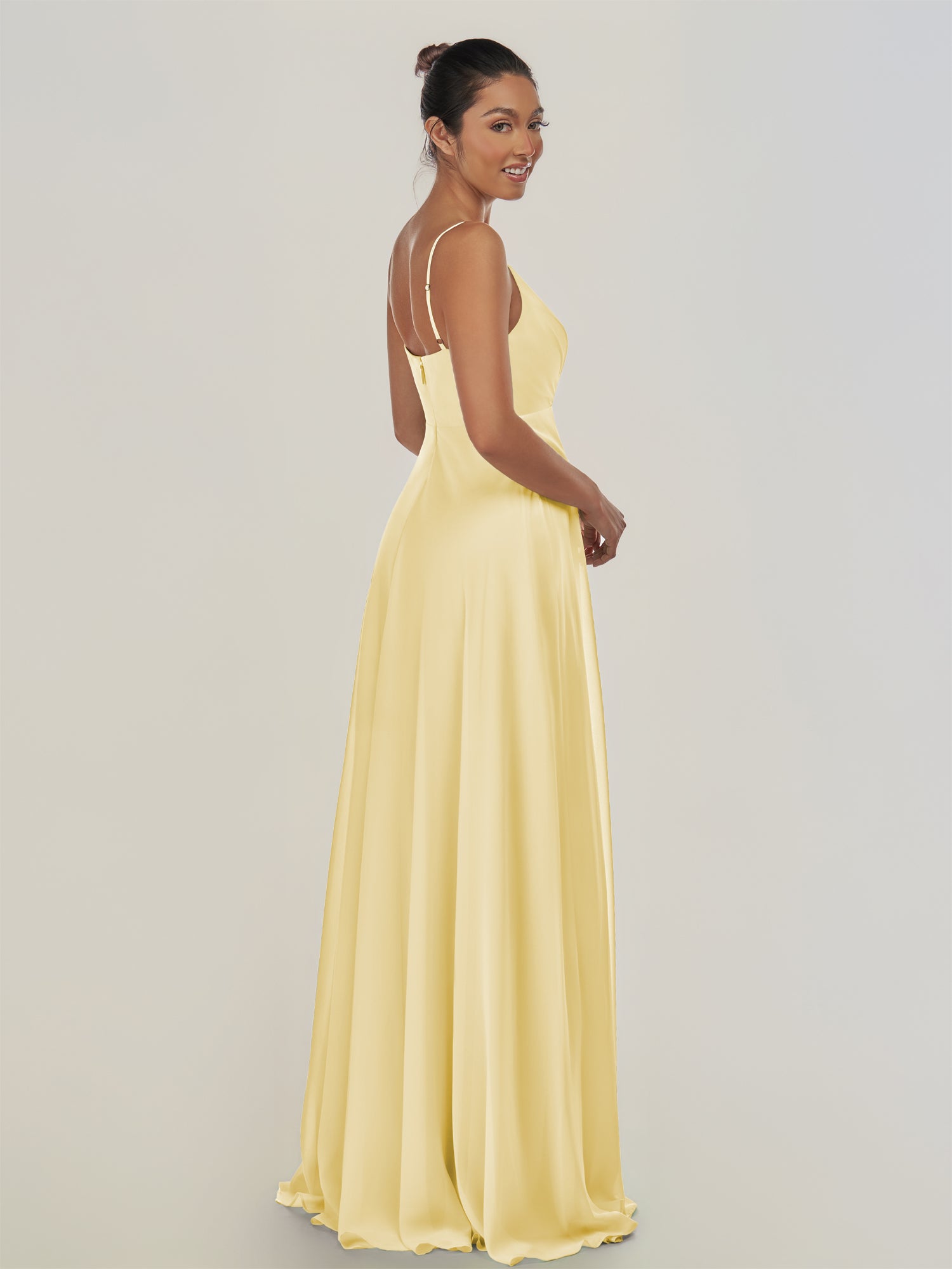 KissDress-Risa Pastel Yellow A Line Chiffon V Neck Long Bridesmaid Dress with Pleats